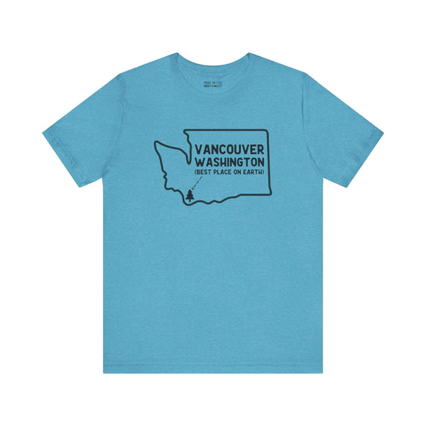 Vancouver Washington soft tee featuring state outline and tree icon, celebrating Pacific Northwest hometown pride.