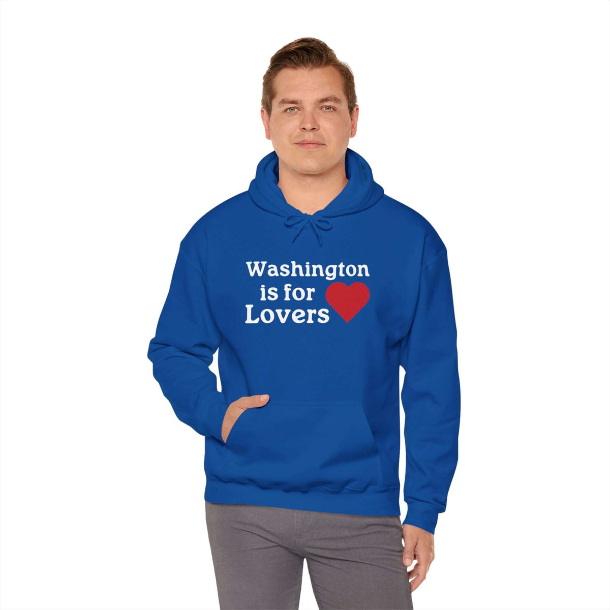 Blue hoodie with 'Washington is for Lovers' text and red heart, perfect for showing PNW pride.