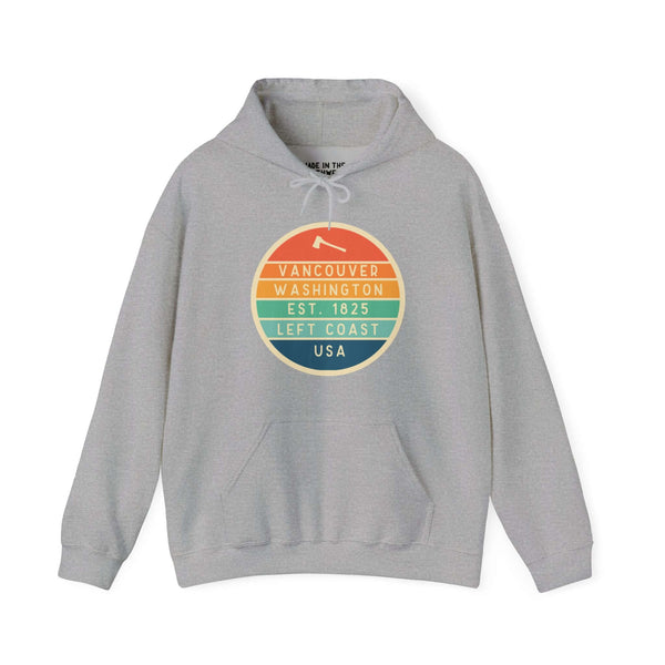 Gray "Left Coast Heritage: Vancouver Edition" hoodie with circular logo celebrating Vancouver, Washington's culture and history.