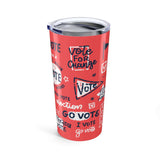 Get Out and Vote Coffee Tumbler with vibrant coral design and bold voting messages.