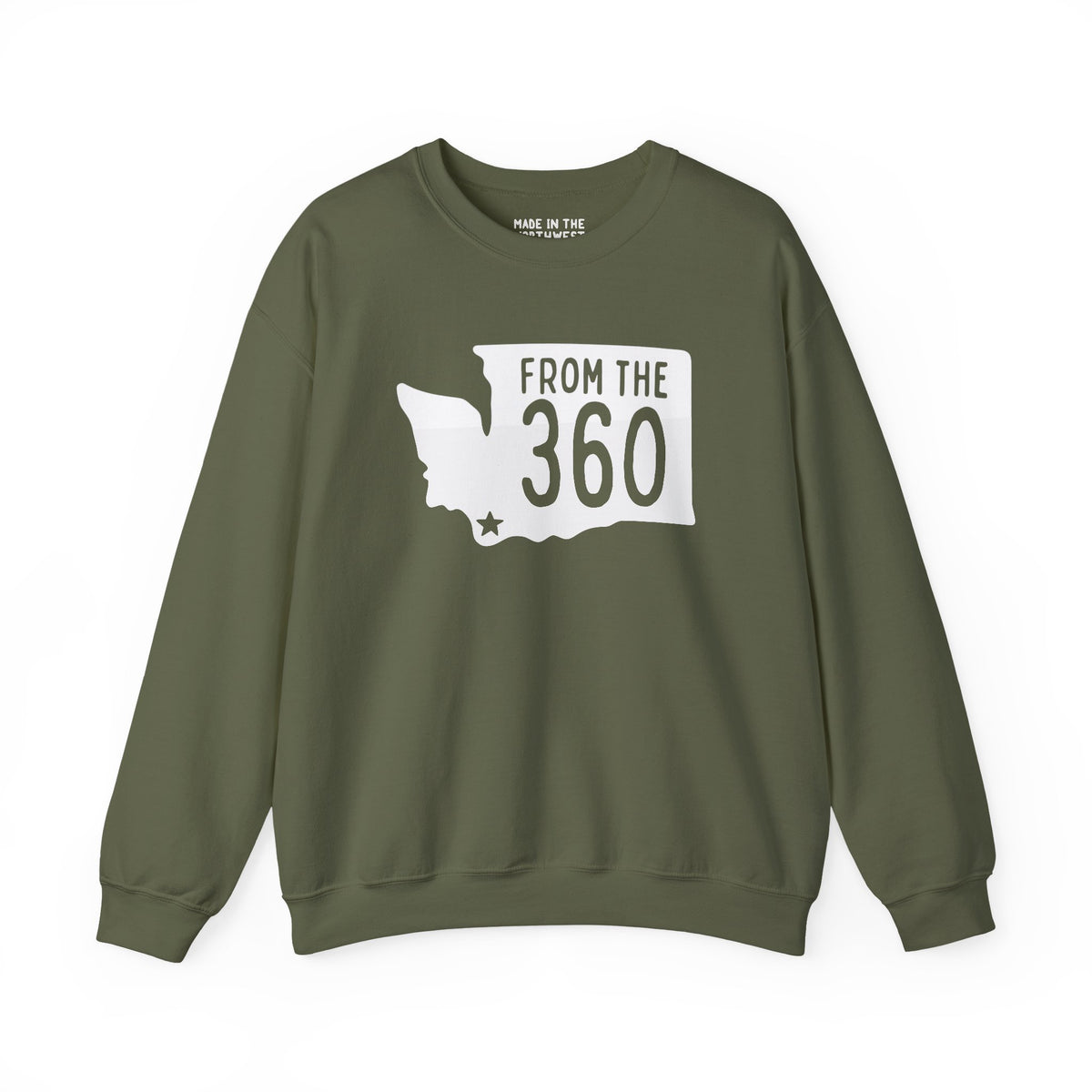 From the 360 Vancouver cozy sweatshirt featuring Washington silhouette and bold text in olive green.