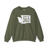From the 360 Vancouver cozy sweatshirt featuring Washington silhouette and bold text in olive green.