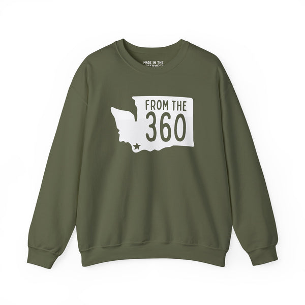 From the 360 Vancouver cozy sweatshirt featuring Washington silhouette and bold text in olive green.