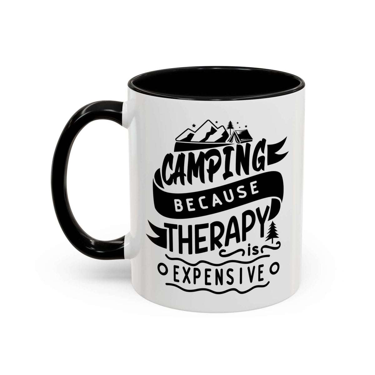 Camping Because Therapy Is Expensive Mug featuring bold text and a mountain motif.