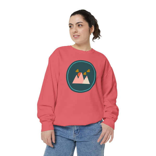 Minimalist Forest in a Northwest Style Garment Dyed Relaxed Sweatshirt worn by woman featuring mountain graphic
