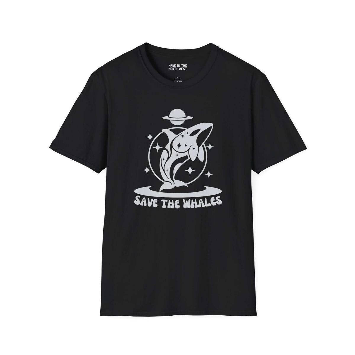 Save the Whales Orca Softstyle T-Shirt with a mystical orca graphic on a black tee, perfect for marine life lovers.