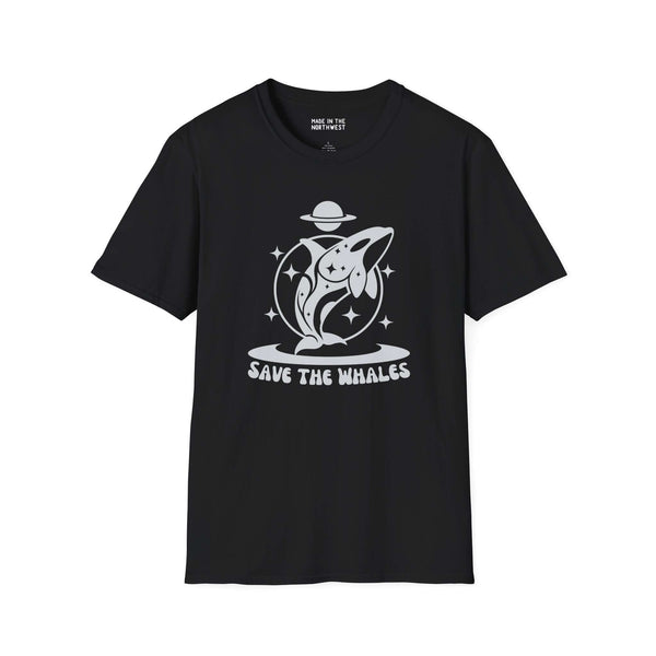 Save the Whales Orca Softstyle T-Shirt with a mystical orca graphic on a black tee, perfect for marine life lovers.