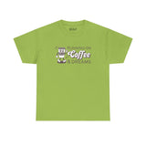 Running on Coffee and Dreams graphic tee in vibrant green, featuring a vintage coffee cup illustration.