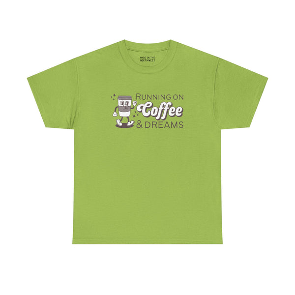 Running on Coffee and Dreams graphic tee in vibrant green, featuring a vintage coffee cup illustration.