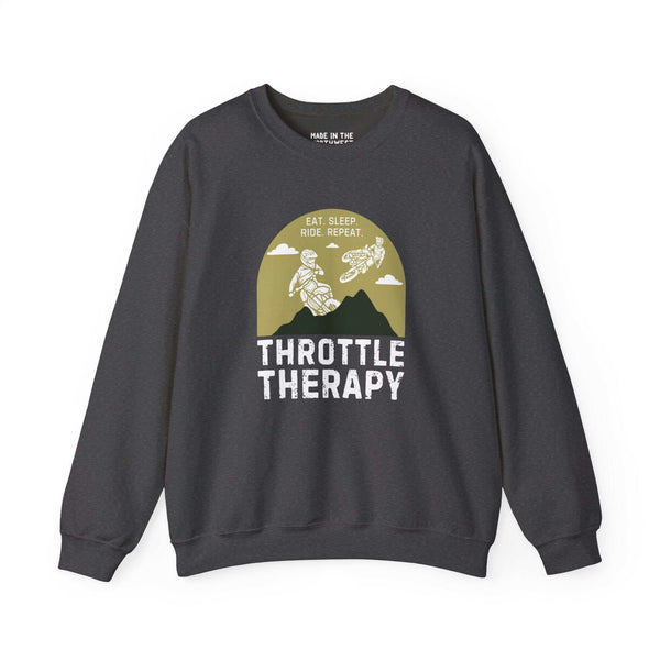 "Throttle Therapy sweatshirt featuring dirt bikers jumping against mountain backdrop, perfect for motocross enthusiasts and thrill-seekers."