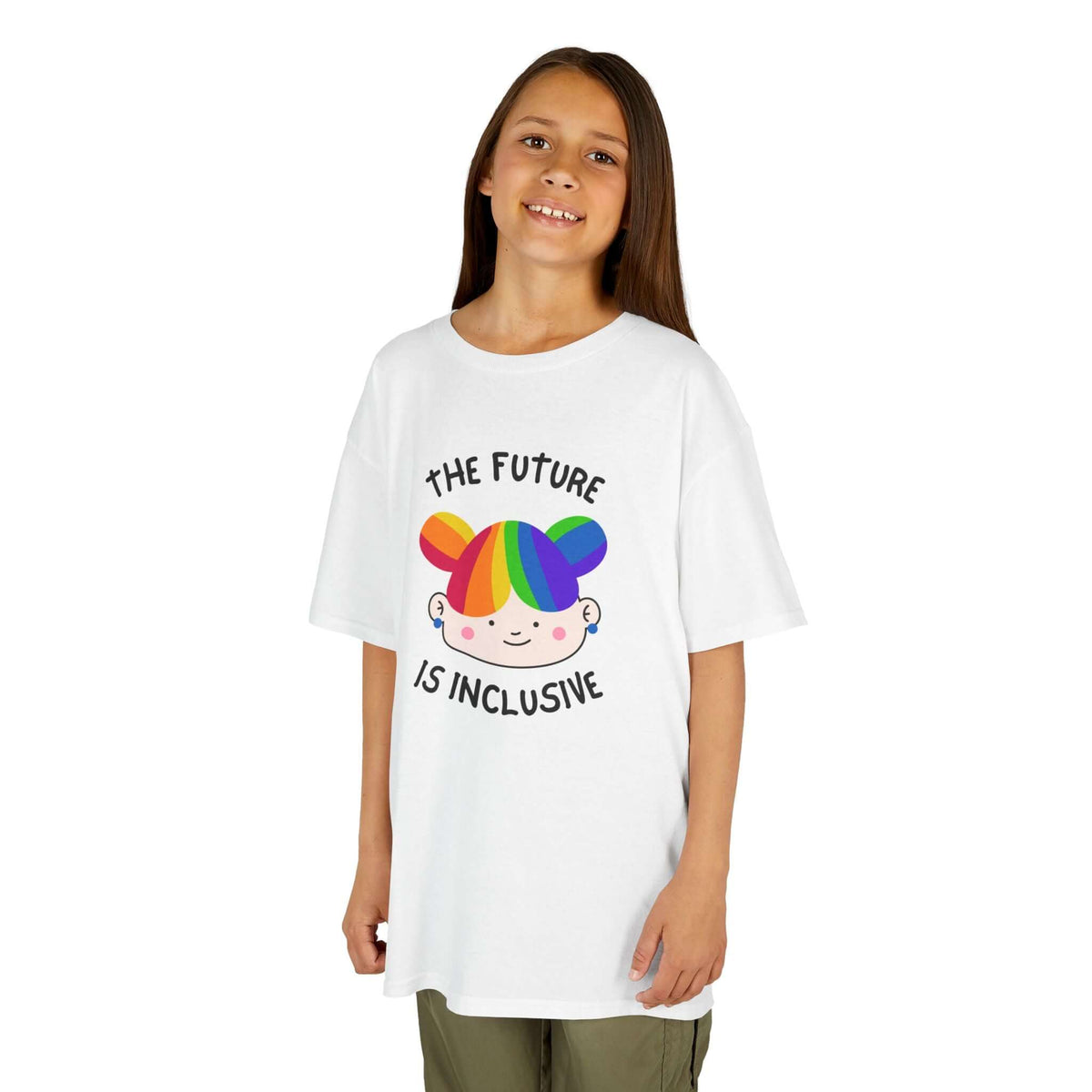 Child modeling The Future is Inclusive heavy cotton tee, promoting kindness and acceptance.