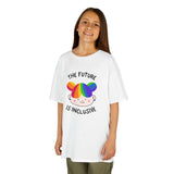 Child modeling The Future is Inclusive heavy cotton tee, promoting kindness and acceptance.