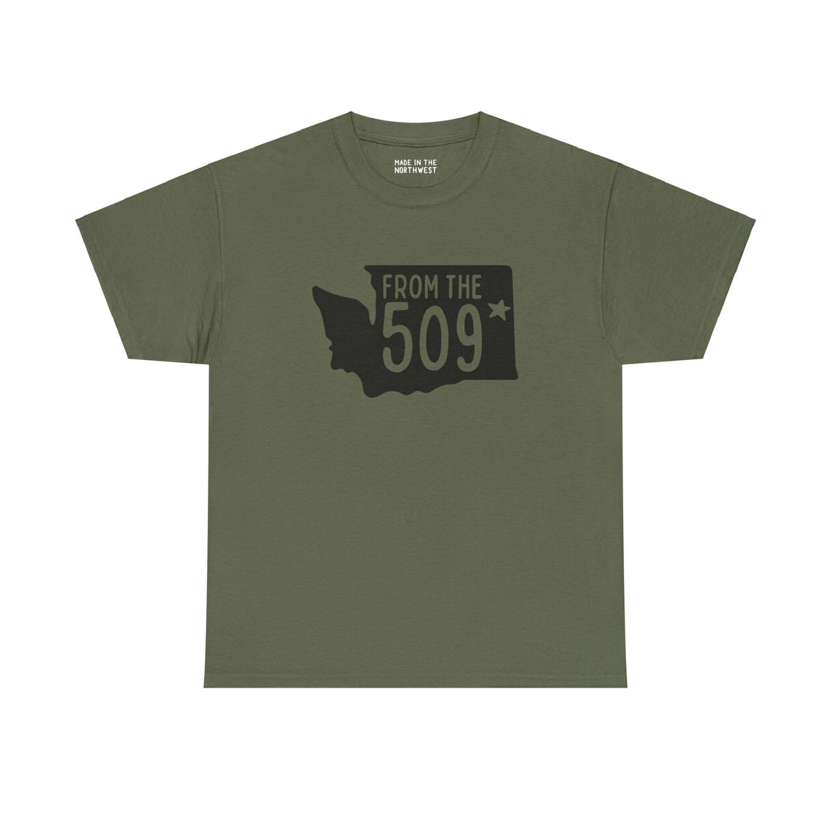 Olive green "From the 509" tee featuring Washington state silhouette with a star on Spokane, showcasing local pride and area code.