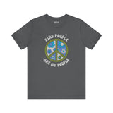 Kind People Are My People premium soft tee featuring a floral peace sign design in gray, promoting positivity and love.