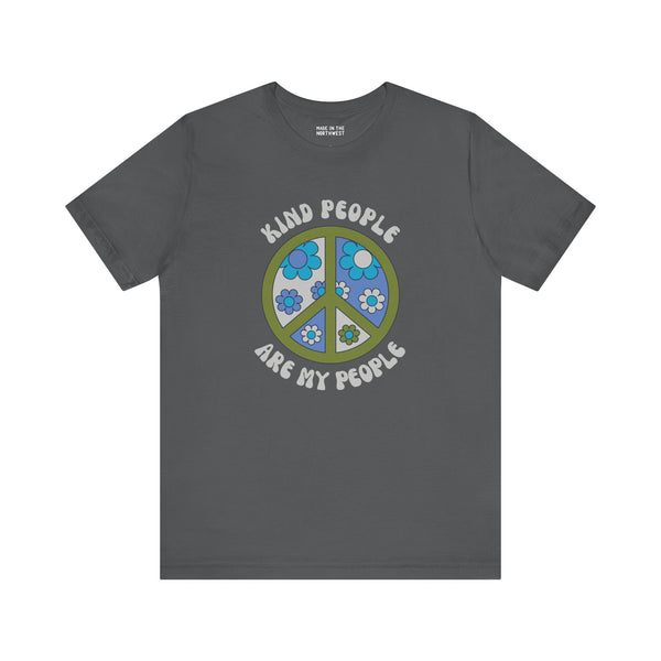 Kind People Are My People premium soft tee featuring a floral peace sign design in gray, promoting positivity and love.