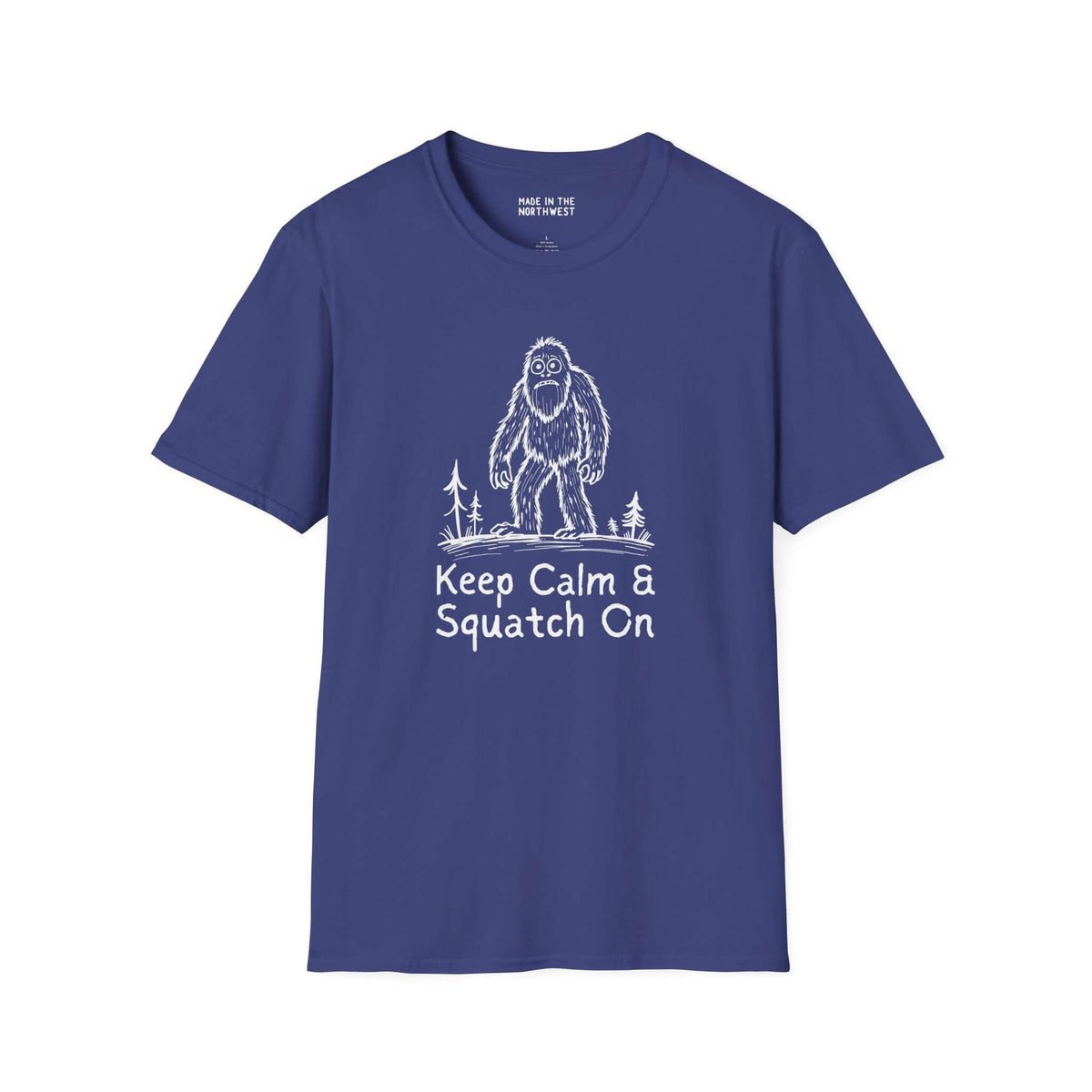 Keep Calm & Squatch On Bigfoot softstyle t-shirt in navy blue, perfect for Sasquatch enthusiasts.