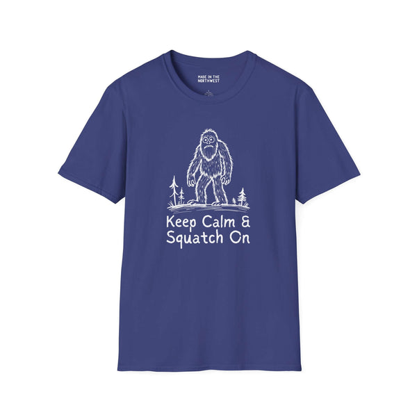 Keep Calm & Squatch On Bigfoot softstyle t-shirt in navy blue, perfect for Sasquatch enthusiasts.
