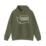 Olive green hoodie with a graphic of Washington state and text 