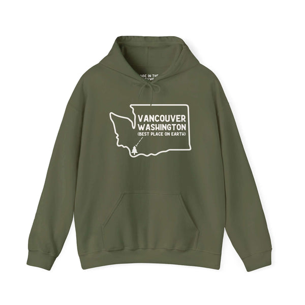 Olive green hoodie with a graphic of Washington state and text "Vancouver Washington Best Place on Earth" in white font.