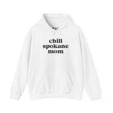 Chill Spokane Mom cozy hoodie in white, perfect for outdoor adventures and relaxed vibes in the Inland Northwest.