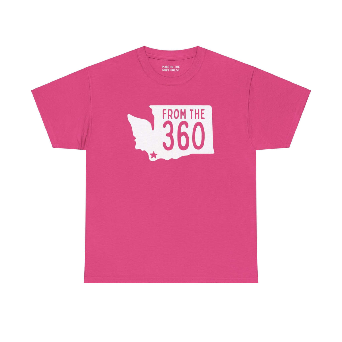 Pink "From the 360" tee featuring Washington state silhouette with star marking Vancouver.