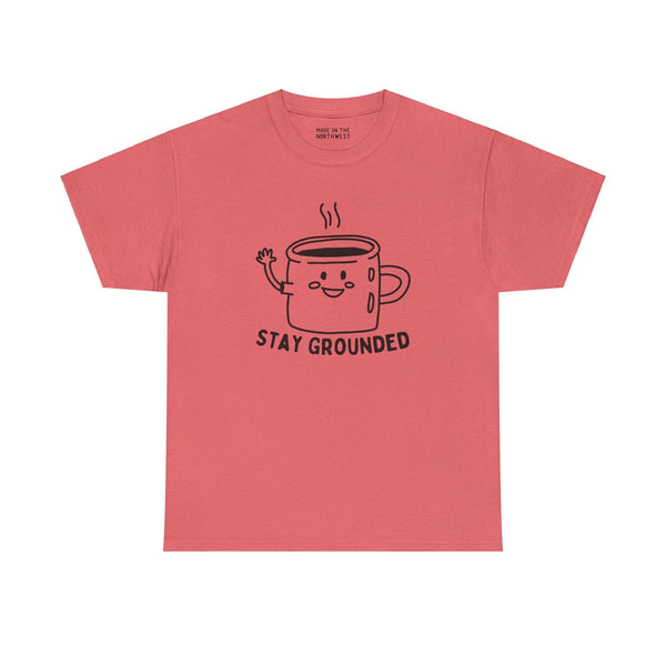 Red athletic tee with "Stay Grounded" and illustrated coffee mug, ideal for coffee lovers seeking comfort and style.