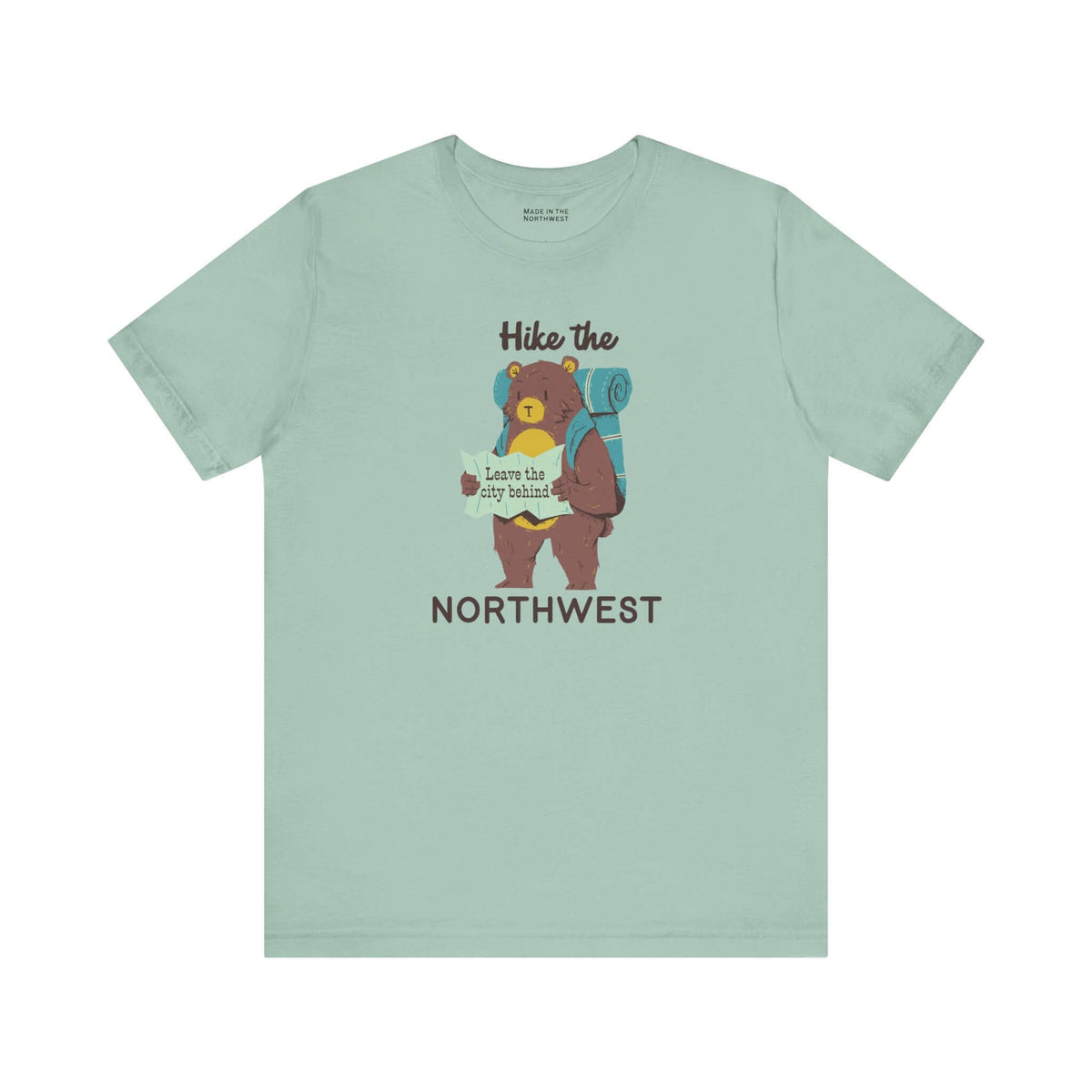 Hike the Northwest t shirt featuring a bear with a backpack and map, embodying PNW adventure spirit.
