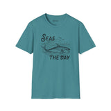 Seas the Day T Shirt featuring a playful design with an orca illustration on a teal background.