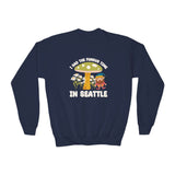 Kids sweatshirt with a gnome and mushroom design, featuring 'I Had the Fungus Time in Seattle' slogan.