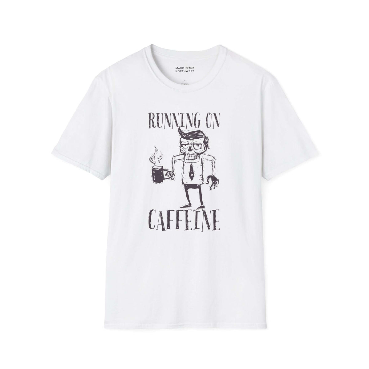 Running on Caffeine T Shirt featuring a quirky design of a frazzled office worker holding a coffee mug.