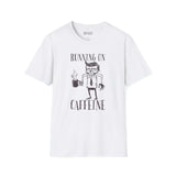Running on Caffeine T Shirt featuring a quirky design of a frazzled office worker holding a coffee mug.