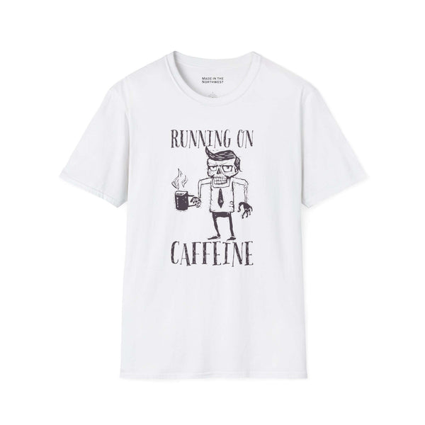 Running on Caffeine T Shirt featuring a quirky design of a frazzled office worker holding a coffee mug.