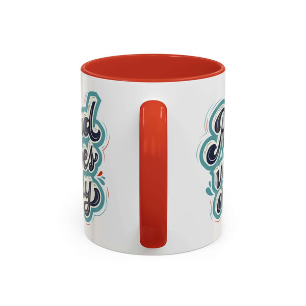 Rad Vibes Only Mug with a glossy white exterior and vibrant red interior and handle.