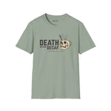 Death Before Decaf T Shirt featuring a bold skull coffee graphic on a muted green background.