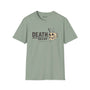 Death Before Decaf T Shirt featuring a bold skull coffee graphic on a muted green background.