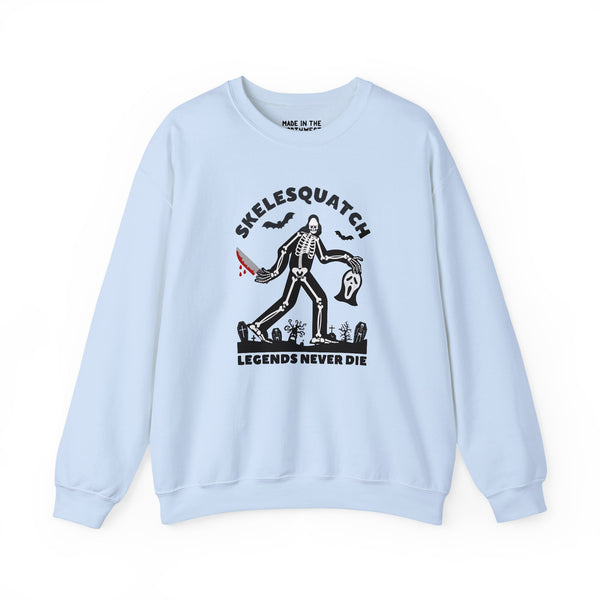 Skelesquatch Halloween cozy sweatshirt featuring a skeleton sasquatch design with a bloody knife and Scream mask.