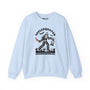 Skelesquatch Halloween cozy sweatshirt featuring a skeleton sasquatch design with a bloody knife and Scream mask.