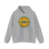 Grey hoodie featuring a colorful round design of a classic Volkswagen Beetle with 