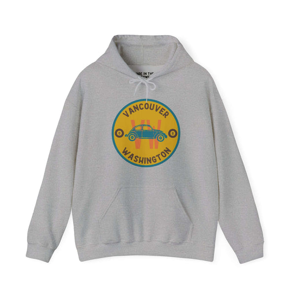 Grey hoodie featuring a colorful round design of a classic Volkswagen Beetle with "Vancouver Washington" text, showcasing retro car vibes.