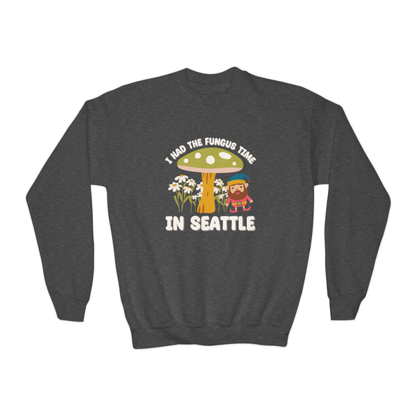 Kids sweatshirt featuring gnome and mushroom design with text 'I Had the Fungus Time in Seattle'
