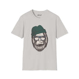 Hipster Squatch unisex softstyle t-shirt featuring Bigfoot in a beanie and glasses, perfect for fans of unique cryptid fashion.