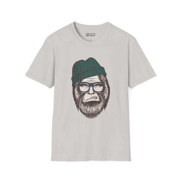 Hipster Squatch unisex softstyle t-shirt featuring Bigfoot in a beanie and glasses, perfect for fans of unique cryptid fashion.