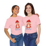 Two women wearing pink Gnomebody Puts Baby in the Corner tees featuring a cute gnome design.