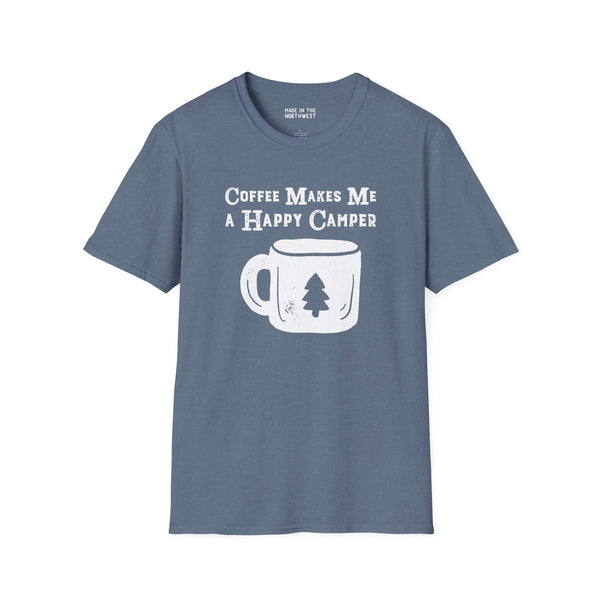 Happy Camper Coffee T-Shirt featuring a cup graphic, perfect for outdoor coffee lovers and adventurers.
