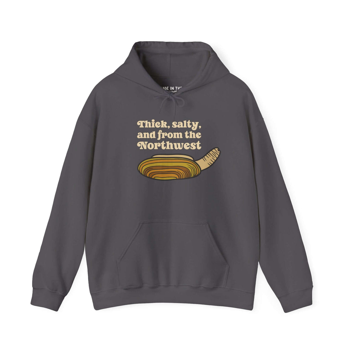 Thick and Salty Northwest Geoduck clam hoodie featuring humorous graphic and text for seafood lovers.