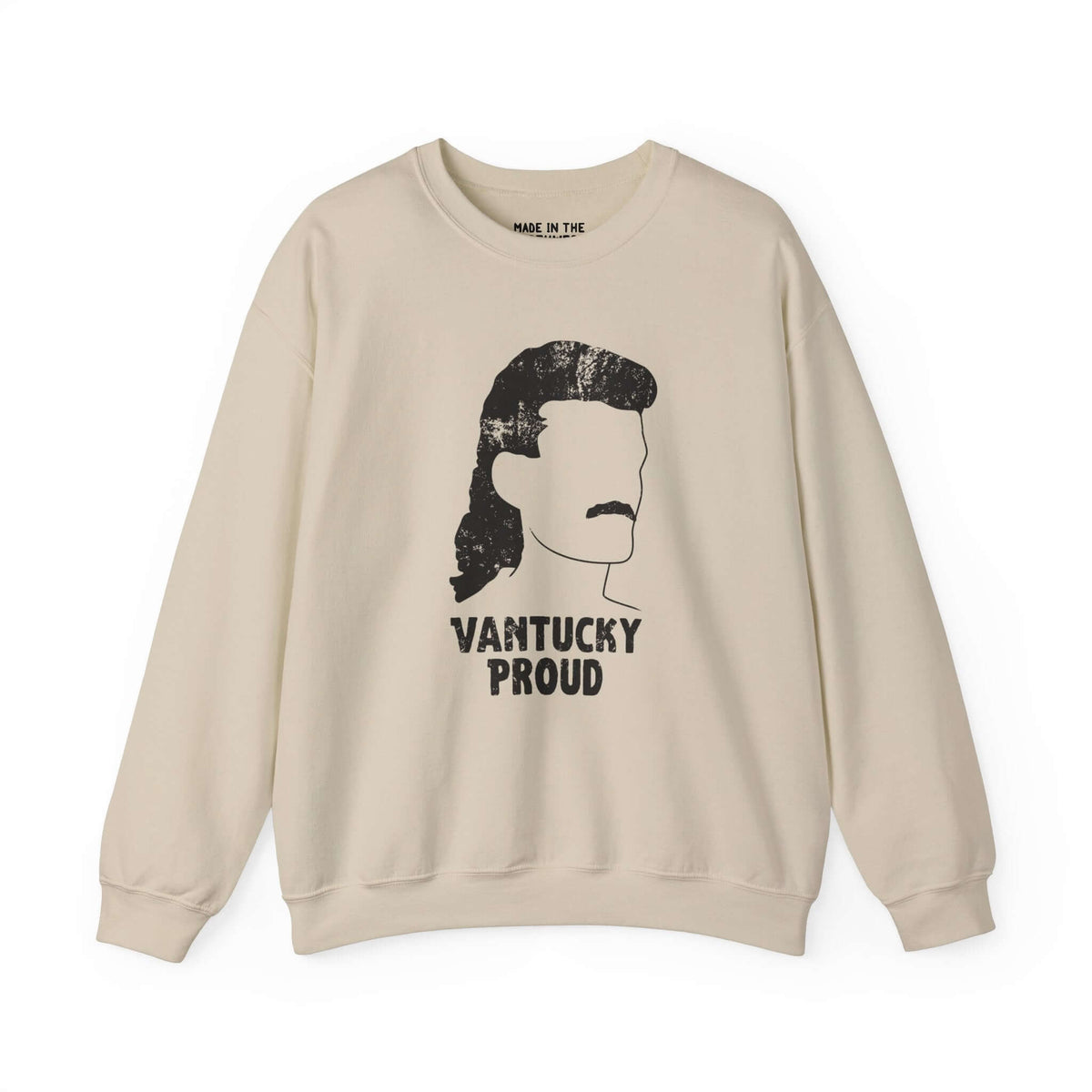 Vantucky Proud sweatshirt featuring a mullet graphic and bold text on a cream background.