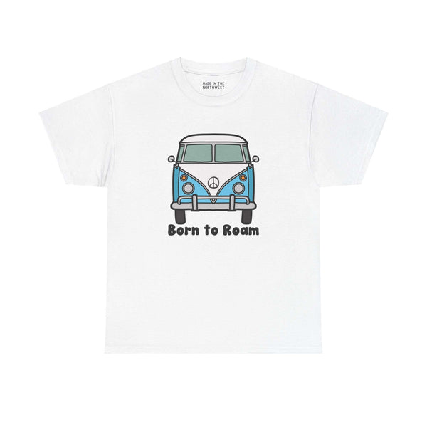 Born to Roam athletic tee with classic vanagon bus and peace sign, perfect for nomadic lifestyle enthusiasts.