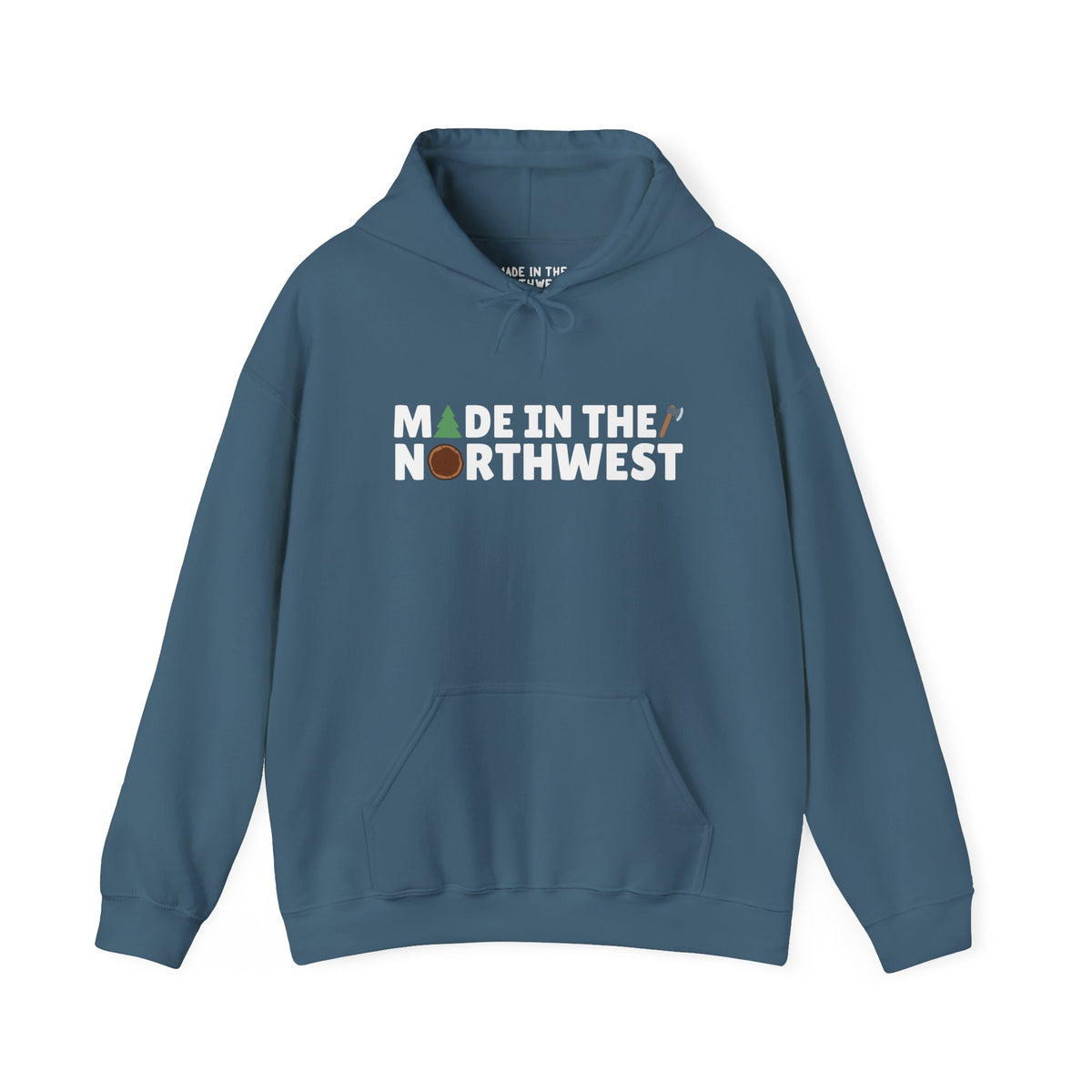 Cozy blue hoodie with 'Made in the Northwest' design, perfect for nature lovers and outdoor enthusiasts.