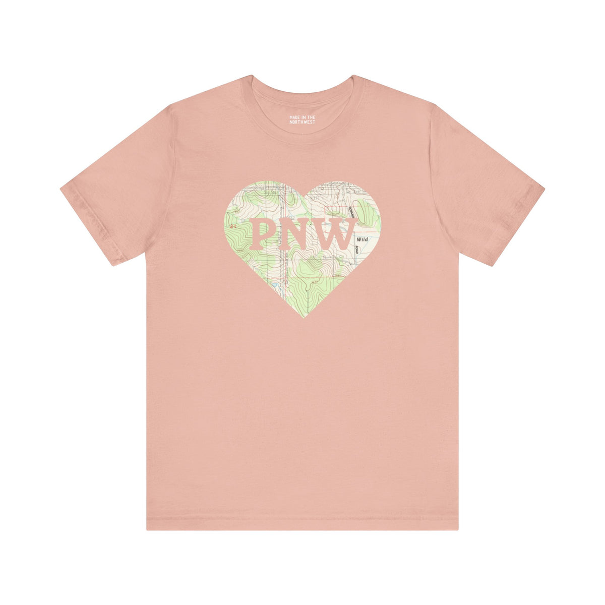 PNW Explorer's Heart Premium Soft Tee in pink with topo map design and 'PNW' logo, perfect for outdoor adventures.