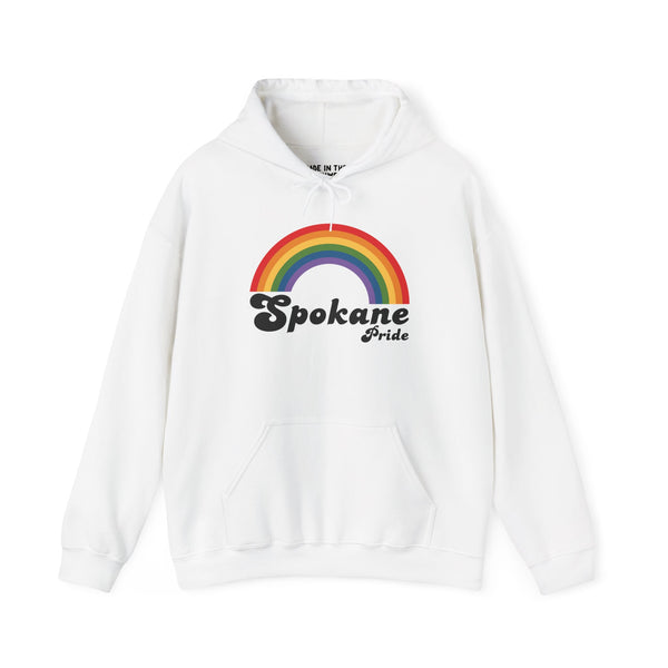 White hoodie featuring a colorful rainbow and Spokane Pride logo, celebrating love and inclusivity.